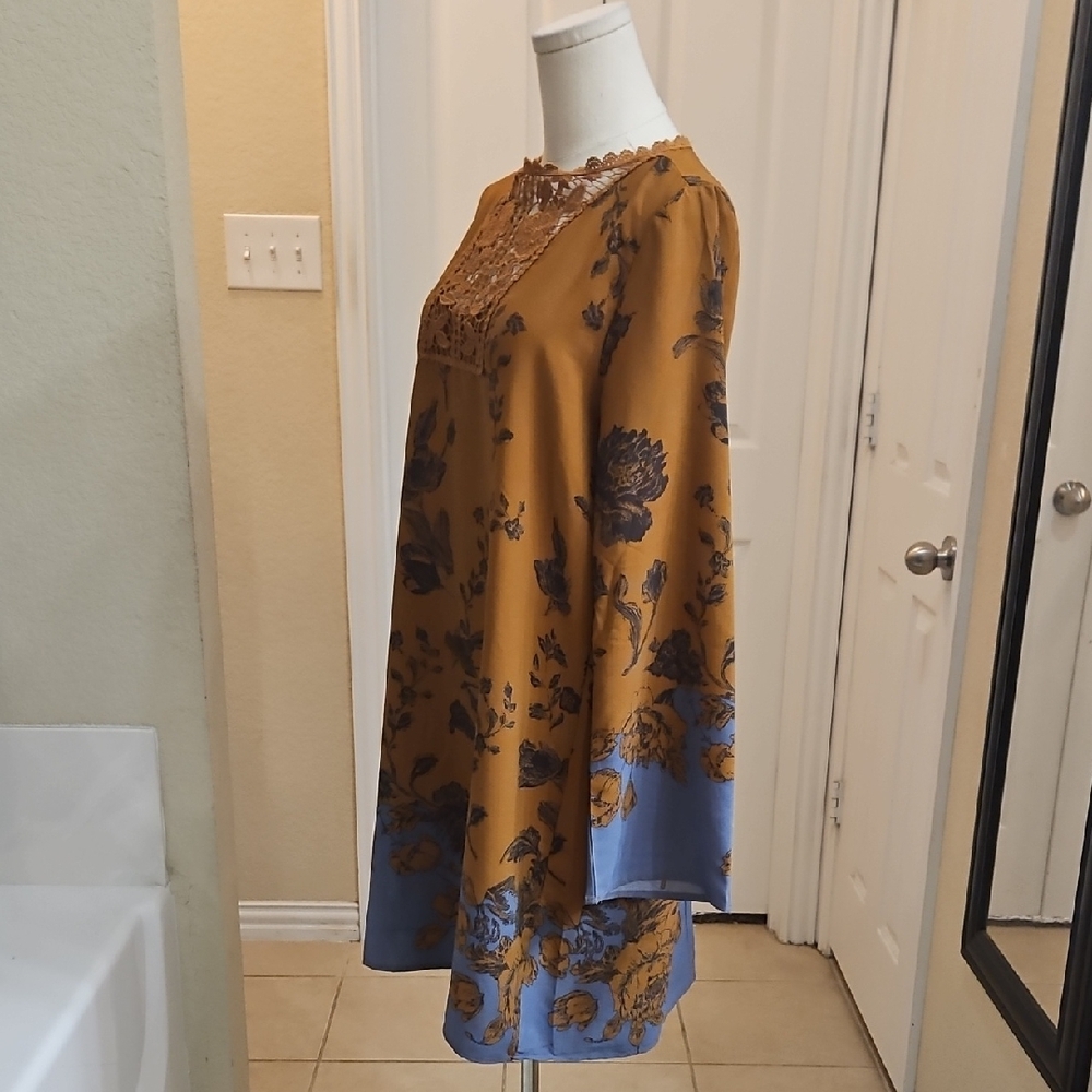 Altar'd State Golden and Blue Floral Long Sleeve Boho Dress with Crotchet Detail - Picture 5 of 8